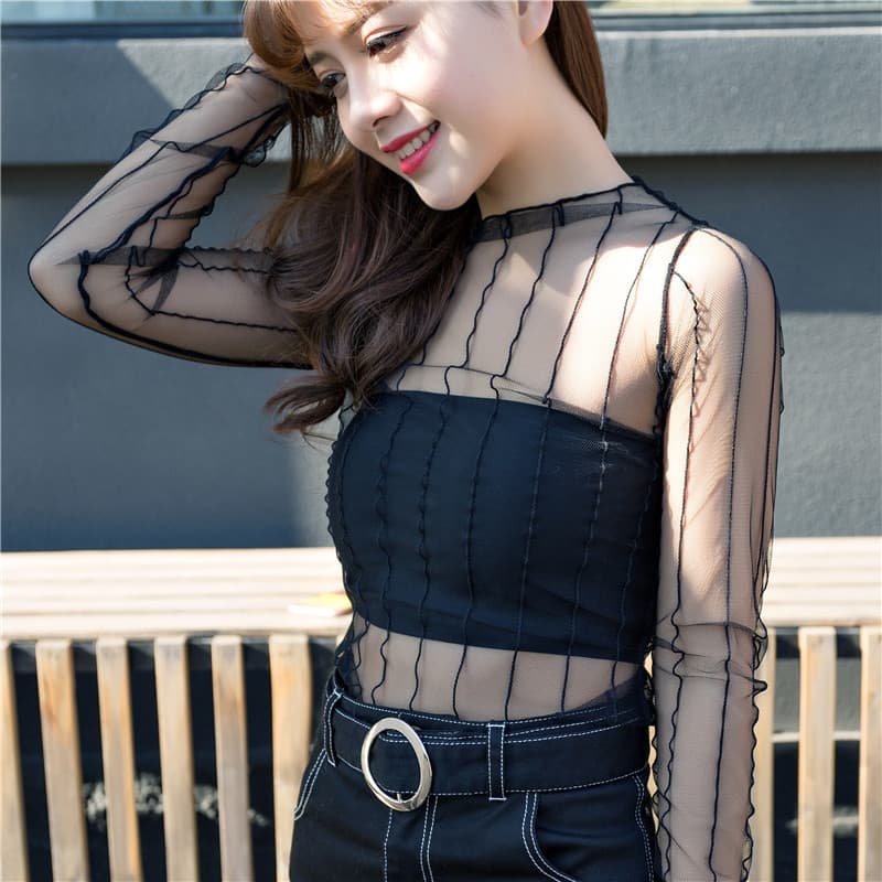 New Spring and Summer Slim Fit Base Tee Women Fishnet Mesh Top See-through Sexy Stand Collar Long Sleeve Lace Blouse