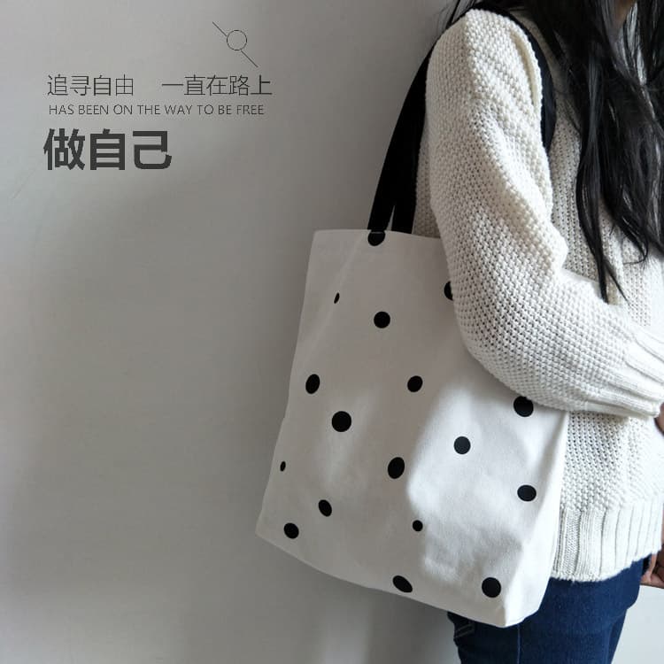 Super cute polka dot simple shoulder canvas bag college style student school bag shopping bag for women