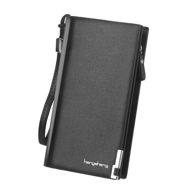 Hengsheng Wallet Men's Long Zipper Leather Wallet Wrist Strap Snap Button Handbag Phone Bag Large Capacity