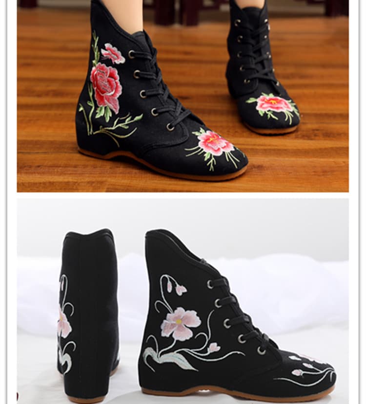 Autumn and Winter 3cm Boots - Embroidered Cloth Shoes, Ethnic Style Short Boots, Women's Inner Height Increasing Cloth Shoes, Women's Boots