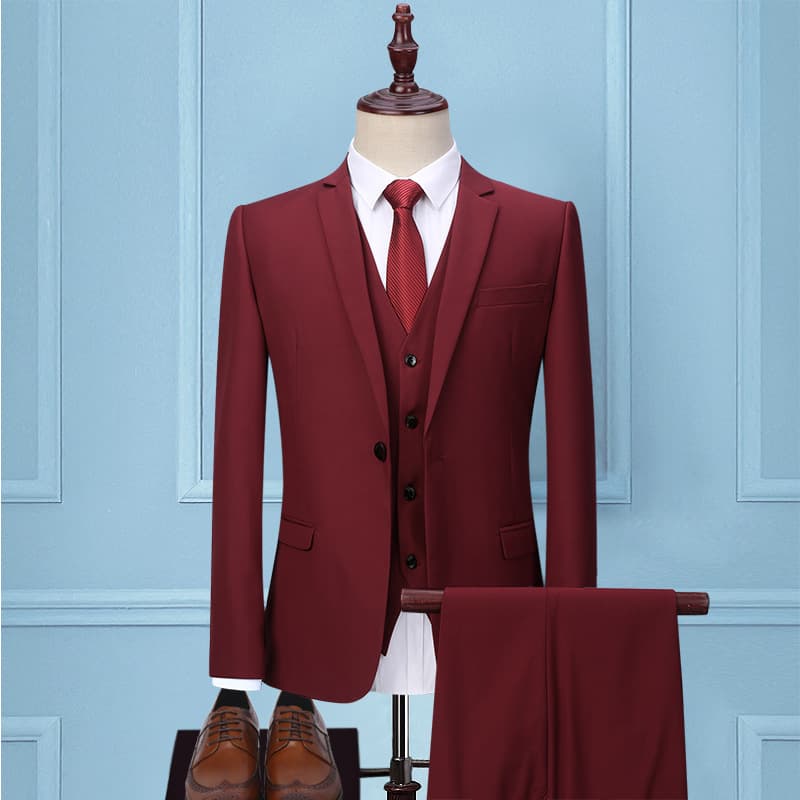 Wine Red Suit Set Men's Three-Piece Korean Style Slim Fit Suit Professional Formal Wear Best Man Groom Wedding Suit