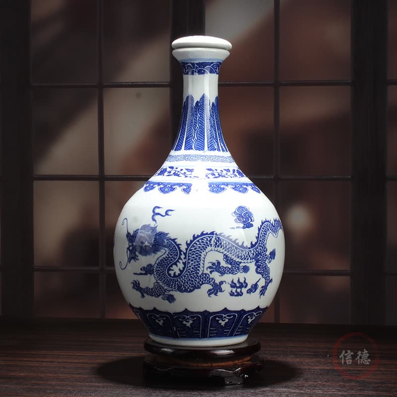 5-jin Dragon Bottle, Double Dragons Playing with Pearl Blue and White Porcelain, Jingdezhen Ceramic Wine Bottle/Jar, Antique-style Liquor Pot