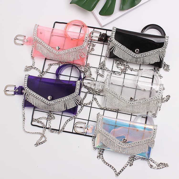 2019 Summer New Bling Bling Crystal Fringe Transparent PVC Waist Bag, Phone Bag, Chain Crossbody Bag, 5 Colors