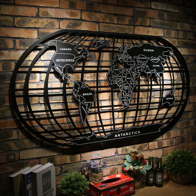 Iron Art Map Wall Decor Wholesale Loft Background Wall Vintage Decorative Hanging World Map Industrial Style Bar Pendant