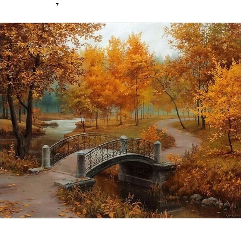 MF206 Factory Direct Sales DIY Hand-Painted Digital Oil Painting Landscape with Maple Leaves and a Small Bridge - Large-Scale Living Room and Bedroom Decoration