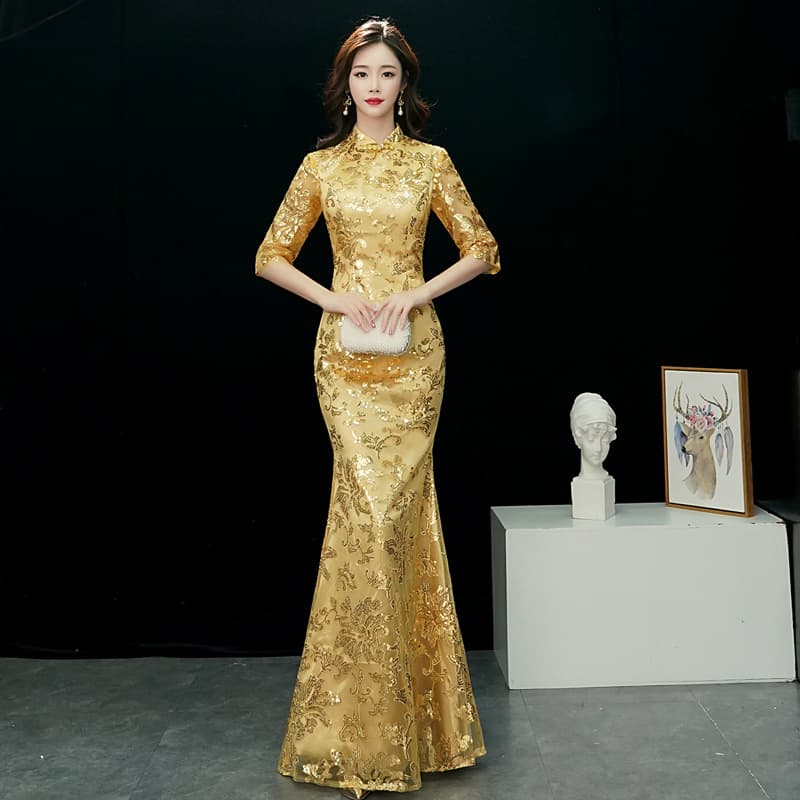 Fishtail cheongsam 2025 new long Chinese style golden catwalk performance annual meeting evening dress long sleeve sexy