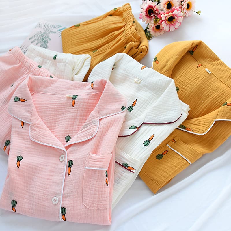 Spring and summer washed cotton couples pajamas pure cotton crepe living clothes carrot cardigan male and female students can wear outside home clothes