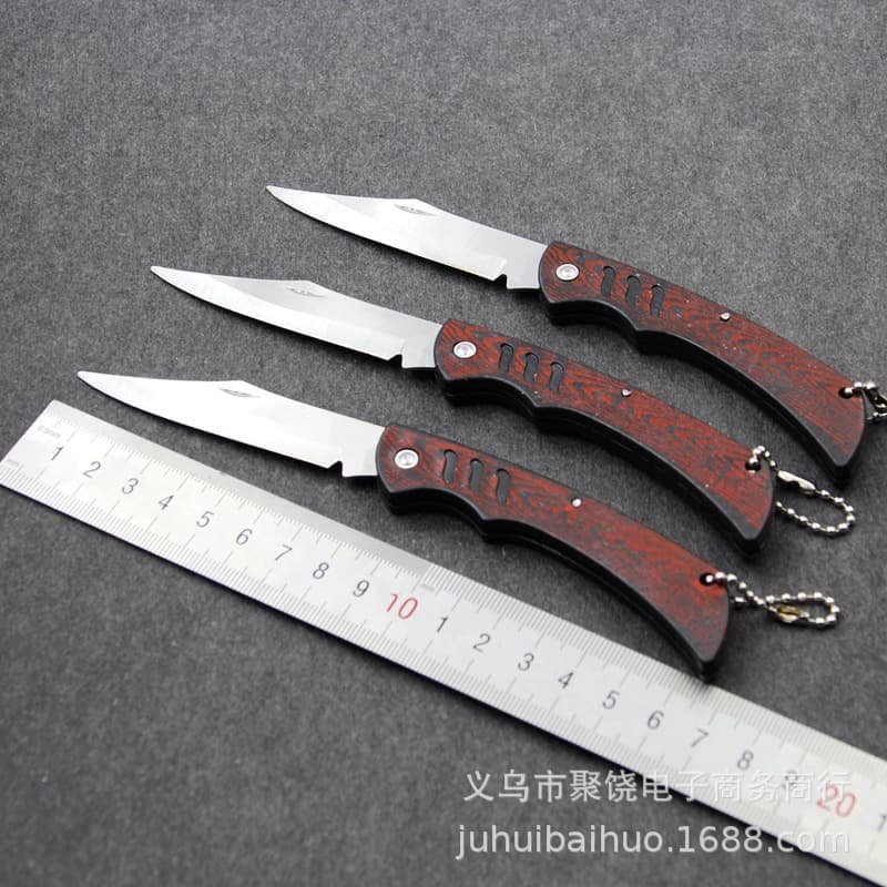 $2 Store Wood Handle Chain Knife, Night Market Stall Fruit Knife, Cheap Portable Folding Blade with Wood Grain Finish