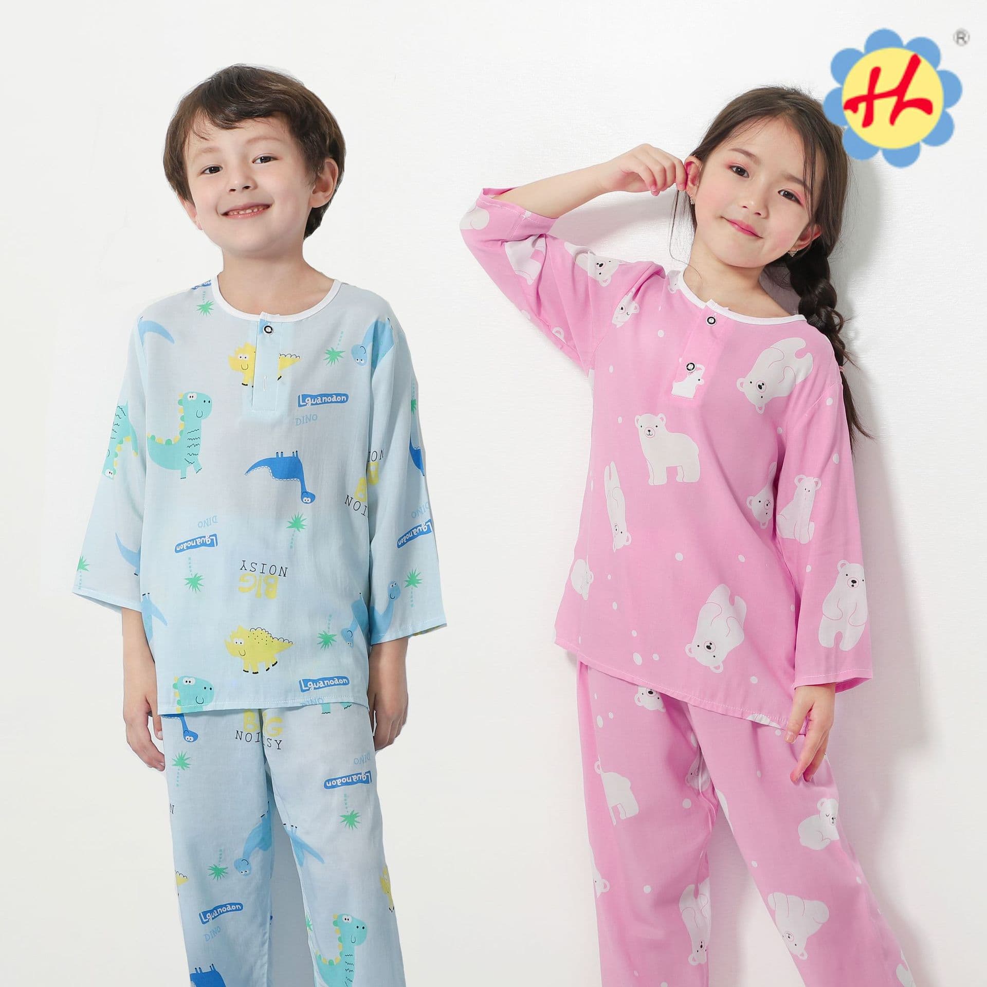 Children's Summer Silk Cotton Homewear Set, Boys and Girls Seven-Sleeve Pajamas, Cartoon Sleepwear for Toddlers and Children, Mosquito-Proof Clothing