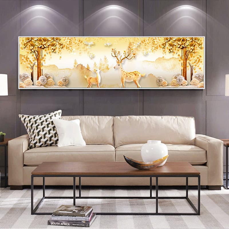 European Style Headboard Decorative Painting, Living Room Bedroom Decorative Painting, Modern Home Horizontal Painting Decorative Elk Mural, Wealth Elk
