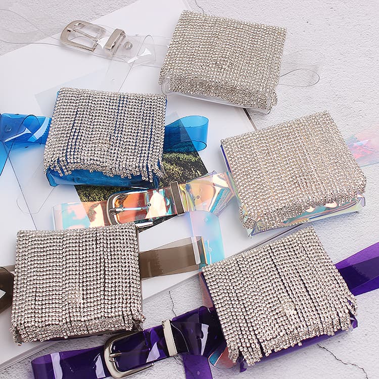 Instagram-worthy rhinestone-embellished tassel waist bag with belt, multi-functional and versatile mini coin purse, PVC transparent jelly bag, trendy chest bag.