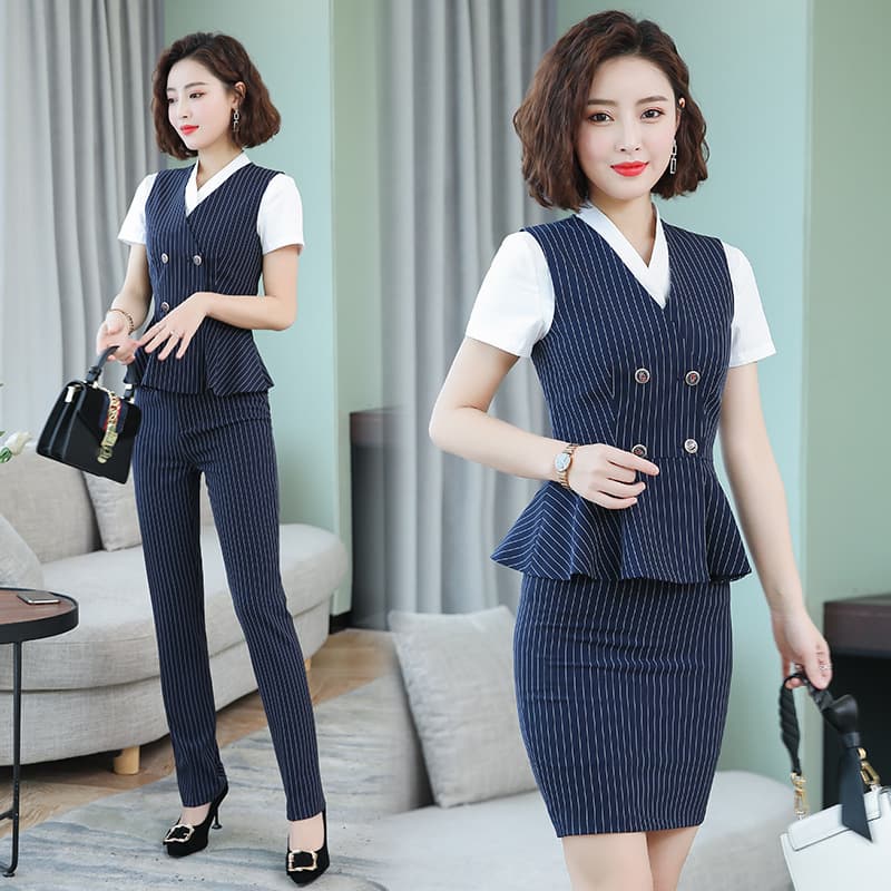 Short-Sleeve Suit Set for Women, Business Formal Blazer and Skirt Set, Hotel Front Desk Uniform
