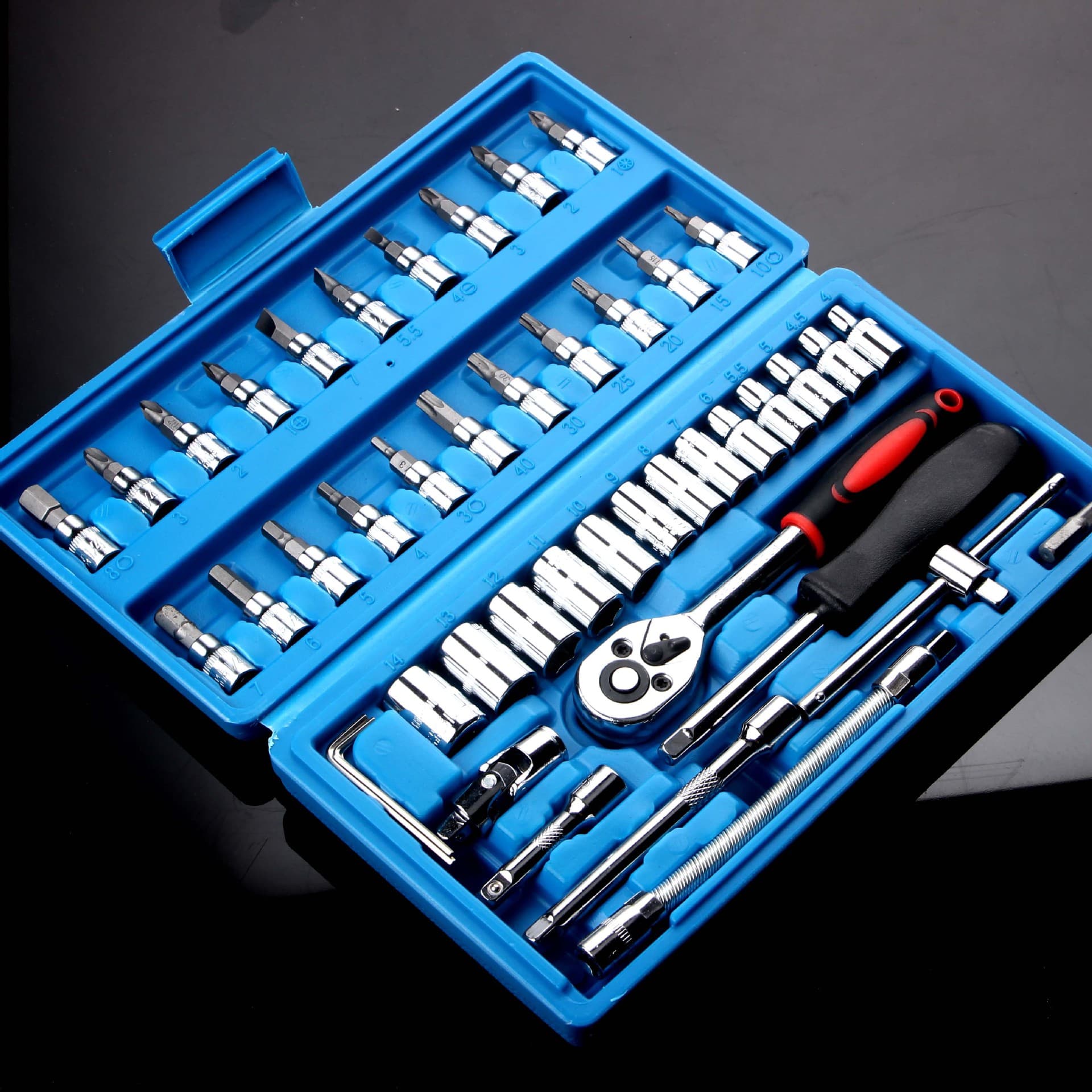 46-Piece Blue Mechanic Tool Set Combination Motorcycle Repair 6.3mm Mini Ratchet Wrench Set