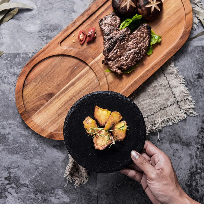 Black Western Square Japanese Wooden Tray for Steak Sushi Solid Wood Tray Pizza Hotel Plate