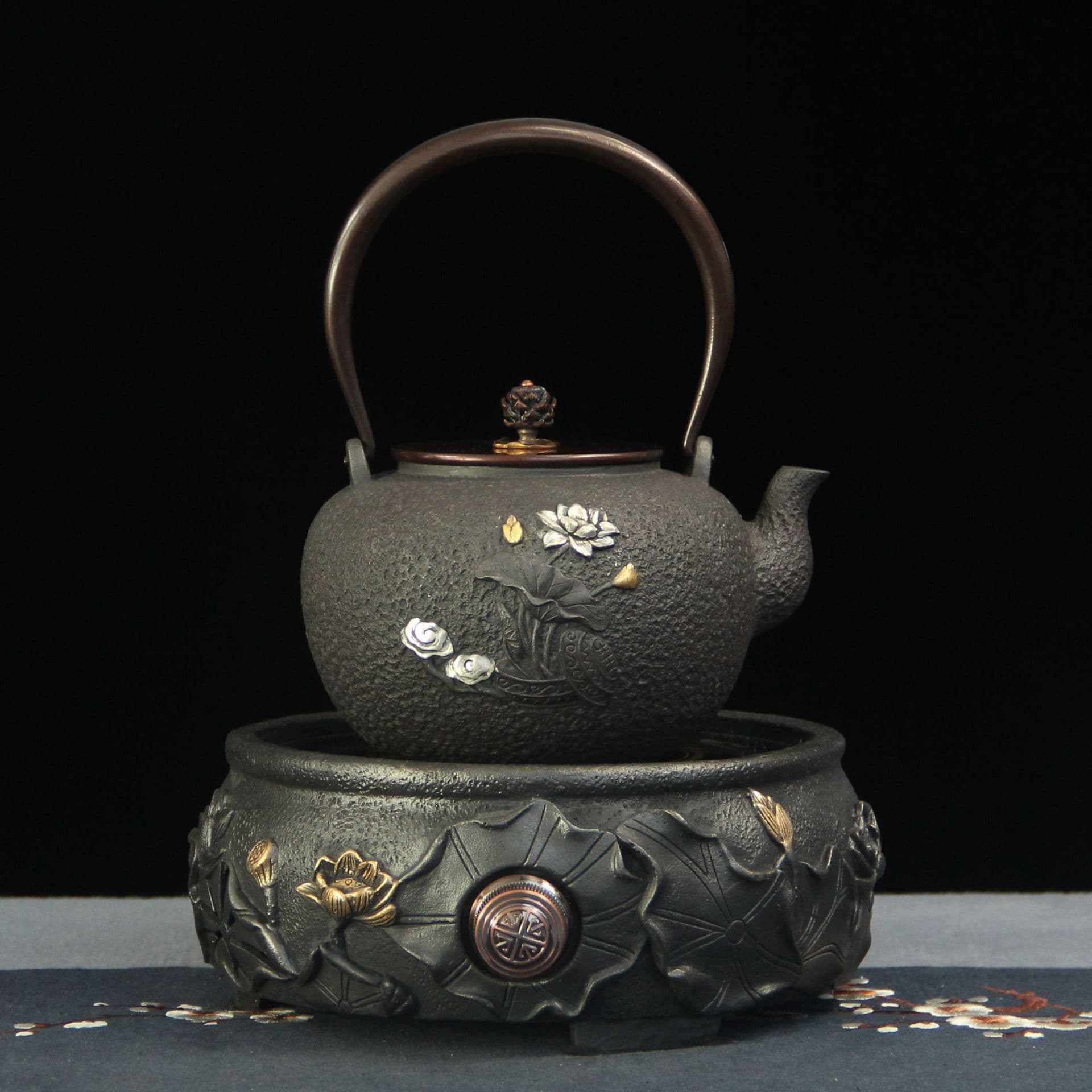 Lotus Iron Kettle Set with Electric Ceramic Stove, Tea Boiler, Kettle for Home Use, Coating-Free, Handmade, Health-Promoting Cast Iron Teapot