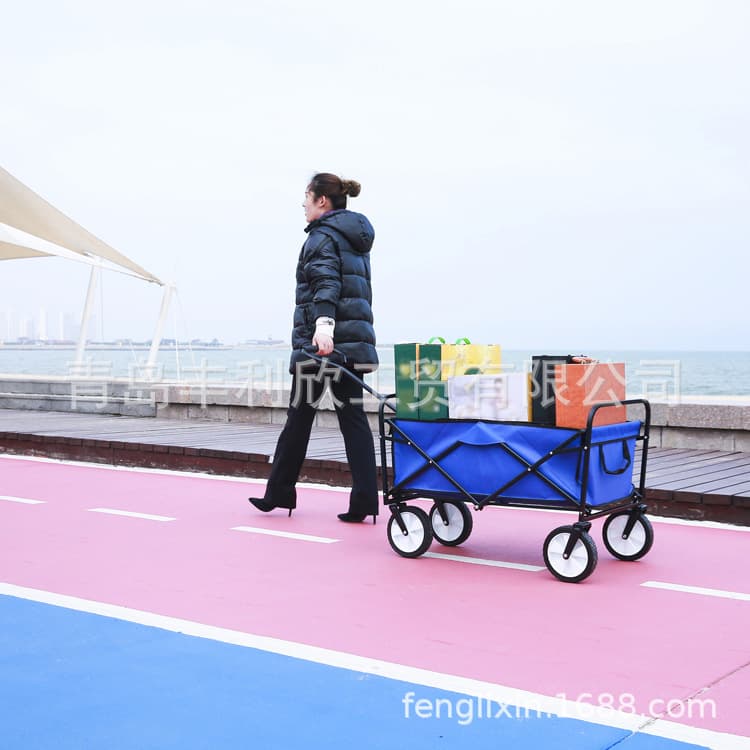 Camping and fishing folding fabric carts, versatile beach and outdoor children's pull wagons.