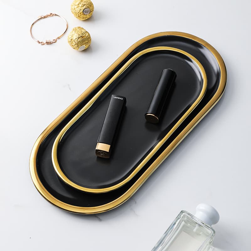 Nordic Creative Black Gold Western Dinner Plate Flat Plate Jewelry Tray Fish Plate Ceramic Oval Dish Dessert Plate Serving Tray
