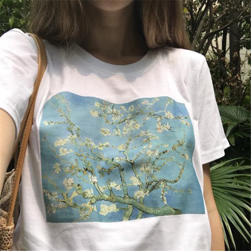Van Gogh Apricot Blossom Oil Painting T-Shirt Women's Fashion Grunge Aesthetic Print Retro Cute White Top Modal Fabric Short Sleeve Round Neck