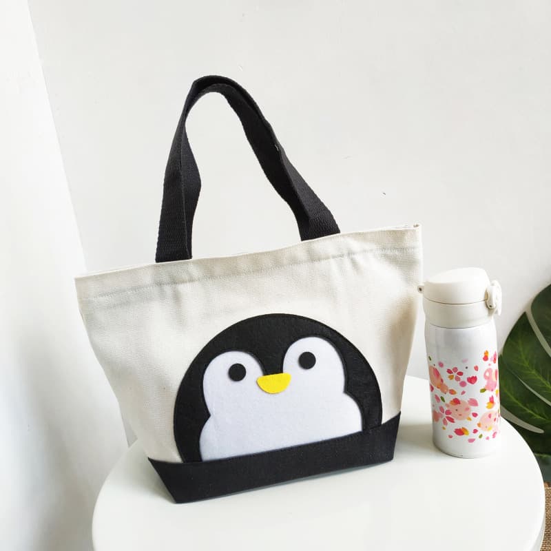 Custom-designed, adorable penguin pattern, black and white canvas lunch bag/tote bag/shopping bag.