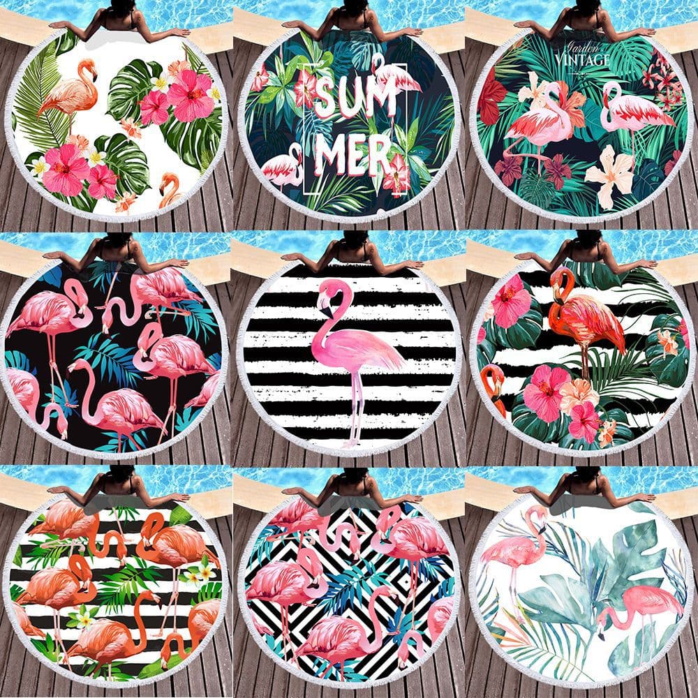 Round Flamingo Beach Towel Microfiber with Tassels Seaside Ground Cover Sun Protection Wrap Bath Towel Blanket Beach Essential