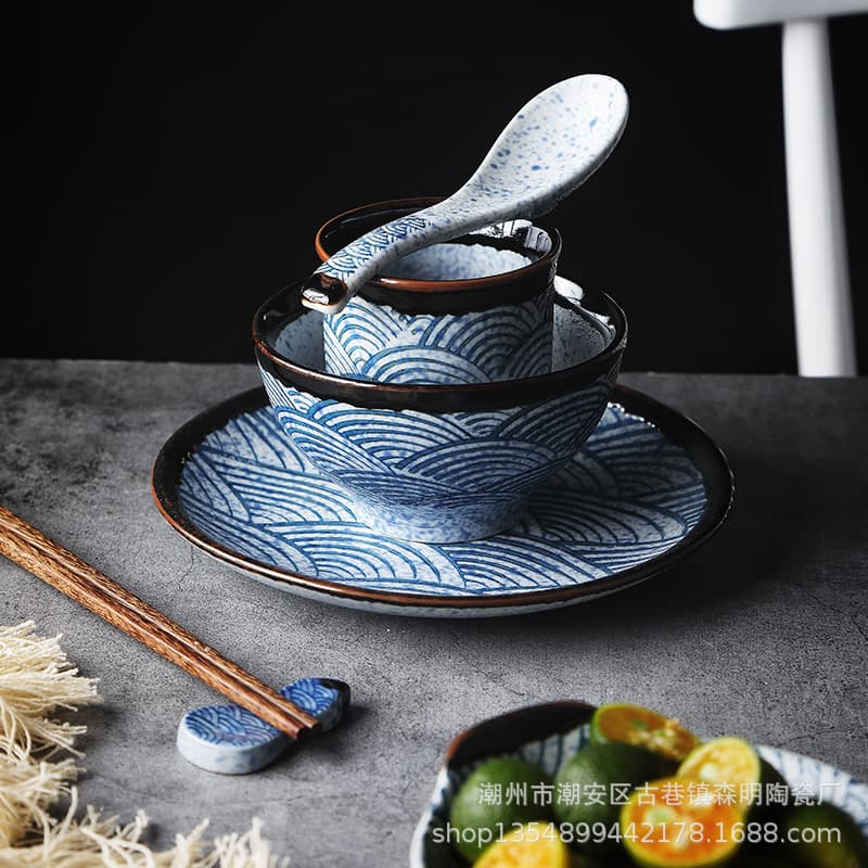 Qinghai Bo Restaurant Hotel Tableware Set Hotel Ceramic Rice Bowl Bone Plate Soup Spoon Tea Cup Creative Countertop