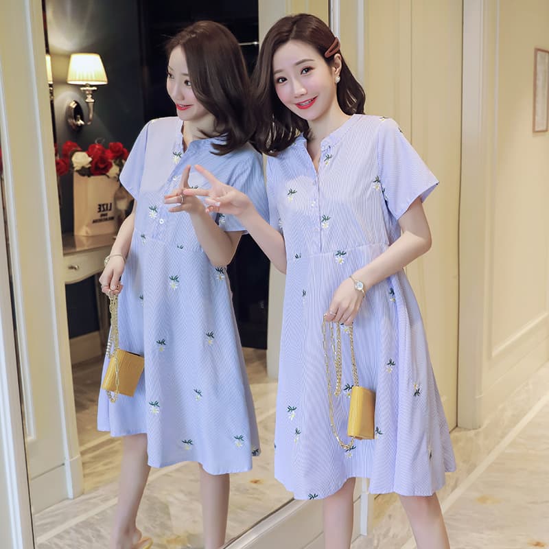 2025 Summer New Maternity Dress Striped Embroidered Mid-Length Plus Size Women's Maternity Dress