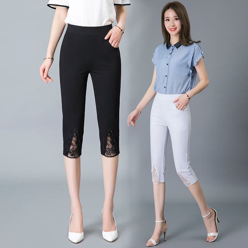 Mid-Length Pants Summer Outerwear Leggings for Women, Thin and Plus Size, High Waist Elastic Waistband, White Capri Pants, Straight Leg