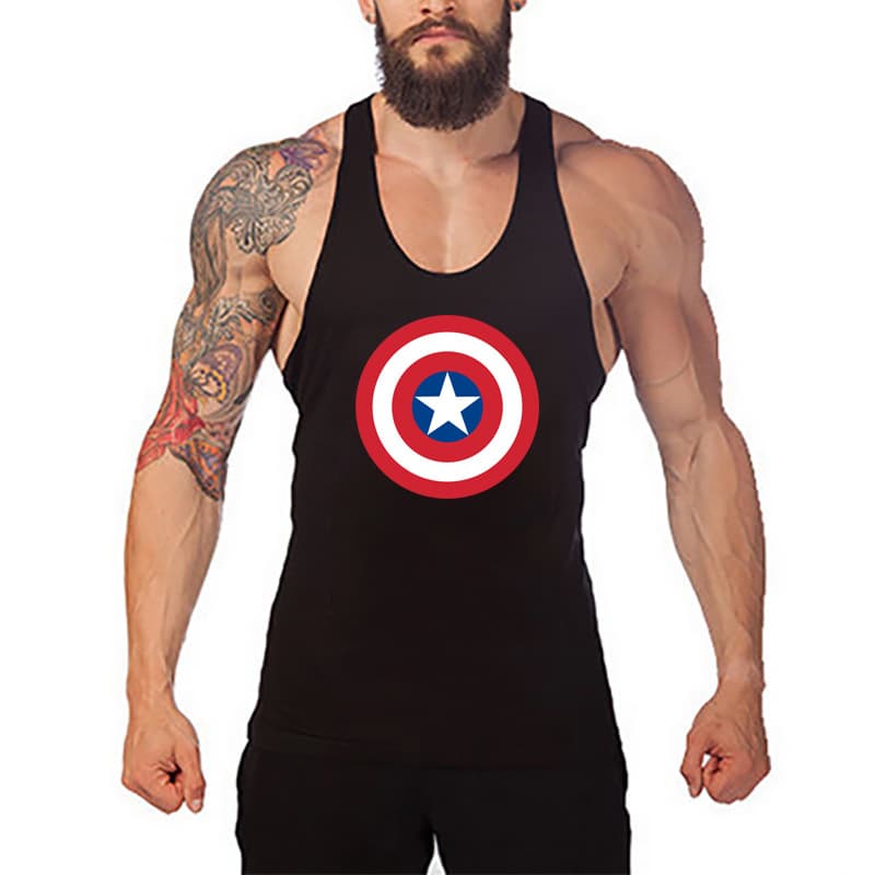 Captain America Print Fitness Tank Top for Men, Professional Bodybuilding Sports Hurdle Weightlifting Vest Cotton