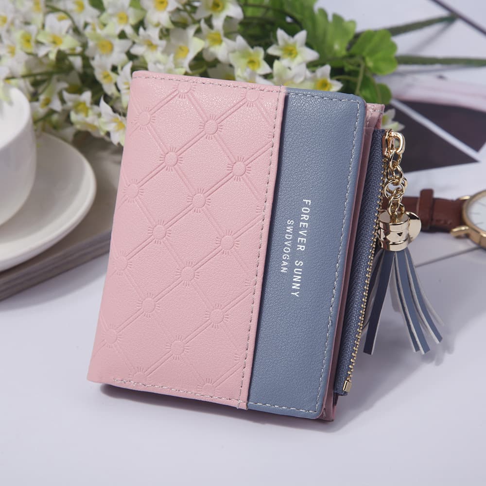 Women's Cropped Color Blocking Wallet Compact Coin Purse Leather Clip Zipper Button Small Money Bag