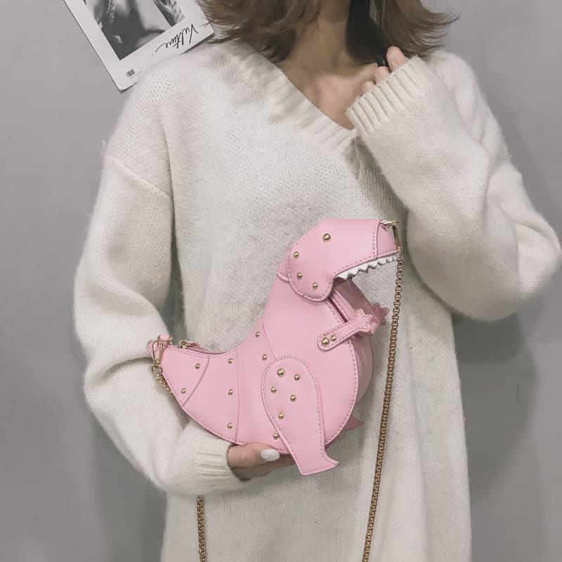European and American style creative 3D dinosaur crossbody bag with unique studs, cute cartoon animal small bag for women.