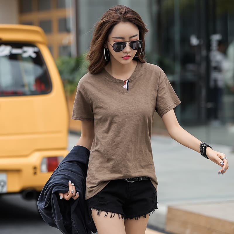 2021 New Solid Color Short Sleeve T-Shirt for Women, Loose Fit Cotton Undershirt, Summer Half Sleeve Slub Knit Korean Style Top