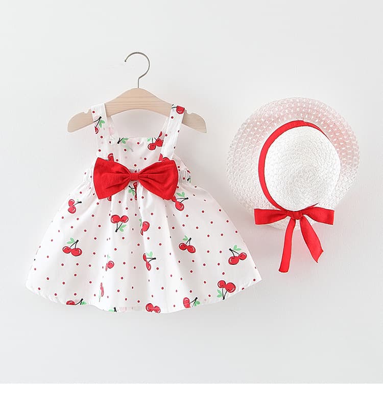 2022 Summer New Korean Fashion Cherry Print Suspenders Dress with Straw Hat