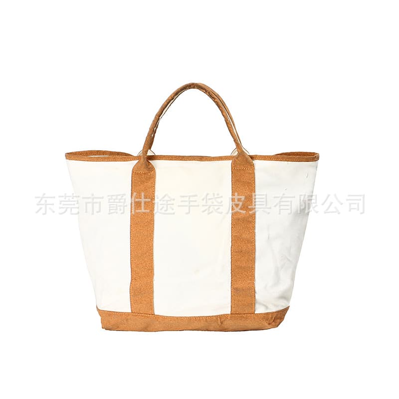 Simple Retro Wooden Handle Bag Creative Stitched Canvas Tote Eco-Friendly Color-Block Canvas Handbag