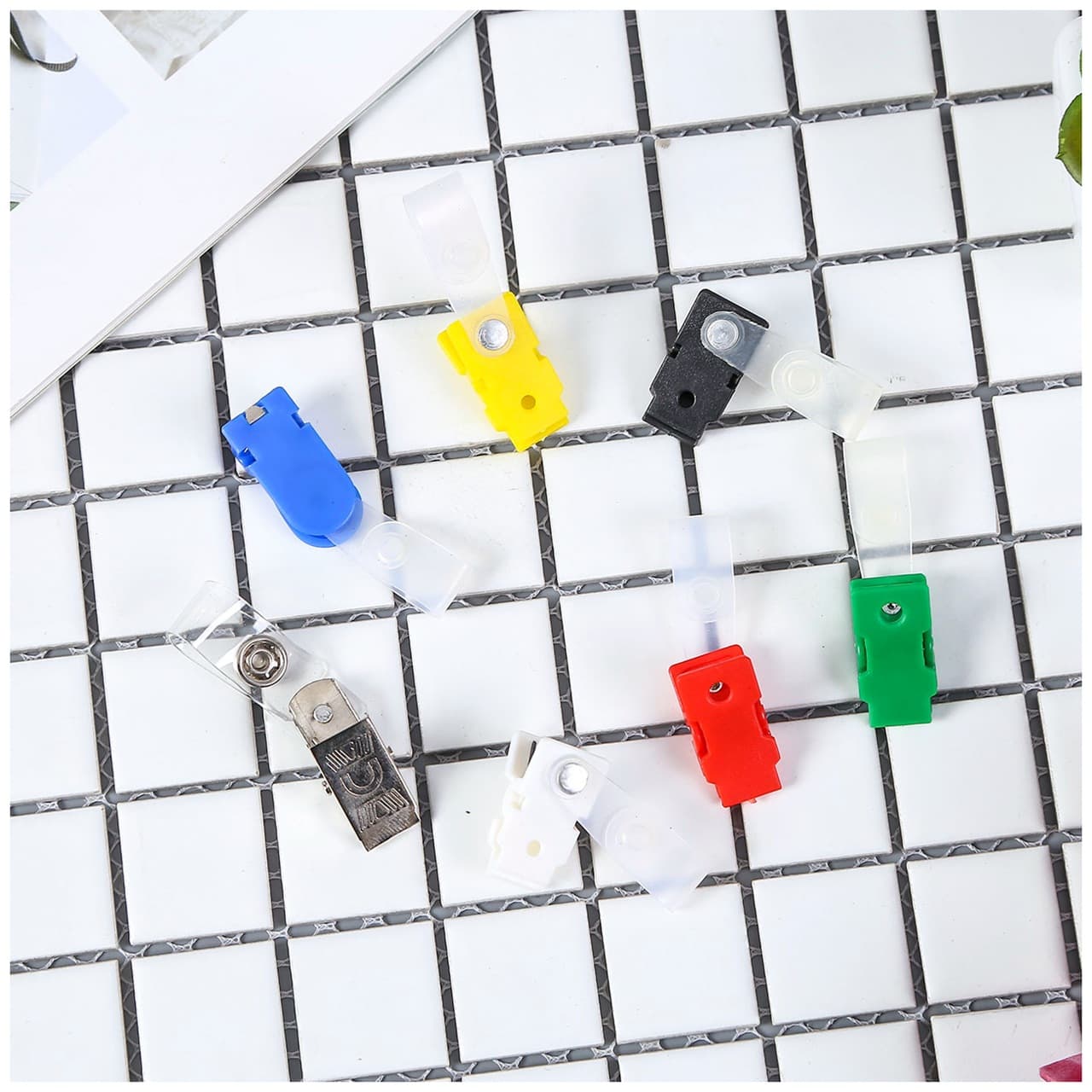 Plastic chest card clip with flip cover, work credential chest card lanyard clip, factory employee card sleeve clip, available for wholesale
