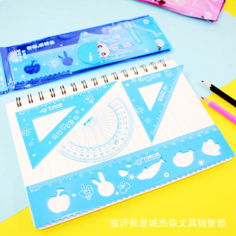 Xin Wanrun 6009 Colorful Cartoon Ruler Set of 4, Bagged Drawing Supplies, Straight Ruler, Triangle, Protractor