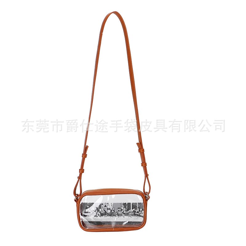 New Korean version of transparent PVC shoulder bag, retro brown PVC cross-body bag, customized by Dongguan manufacturer