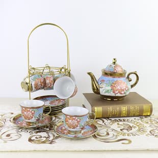 European-style Ceramic Coffee Set, Electroplated 1 Pot 6 Cups Saucers Set, English Afternoon Tea Set Red Tea Cup Wedding Gift