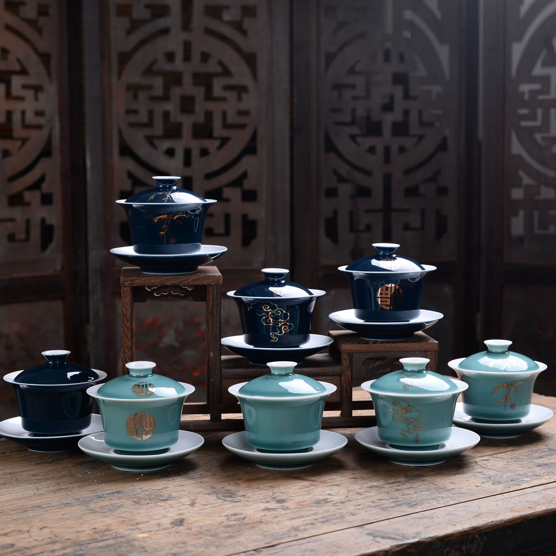 Ceramic Three-Talent Lidded Bowl Creative Sky Blue Glaze Tea Bowl Gongfu Tea Set 150ml Bean Green Lidded Bowl Teacup with Logo Printing