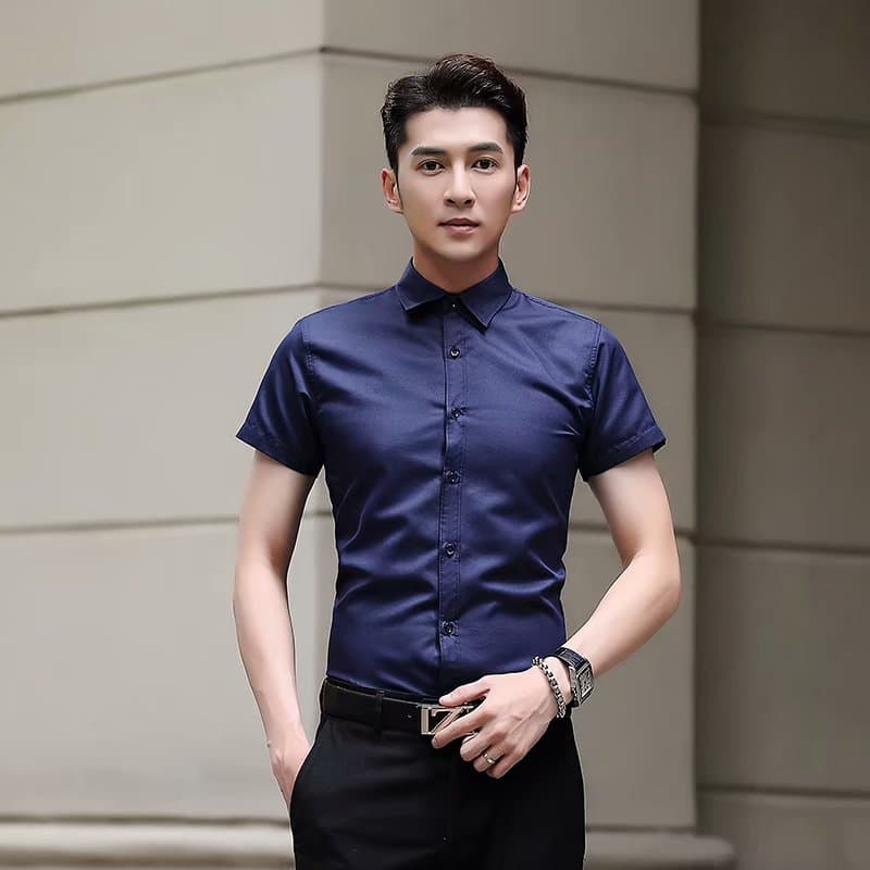 Summer Men's Solid Color Plus Size Short Sleeve Shirt Korean Slim Fit Non-Iron Shirt Black Professional Casual Half Sleeve