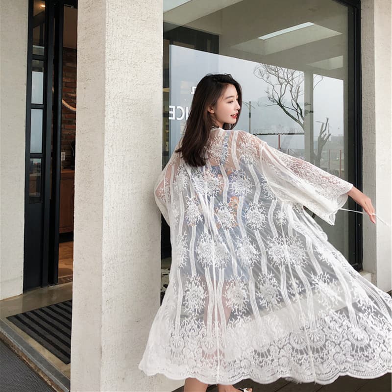 Bohemian Long Plus Size Beach Vacation Sun Protection Cover Up Lace Cardigan for Women Summer Seaside Bikini