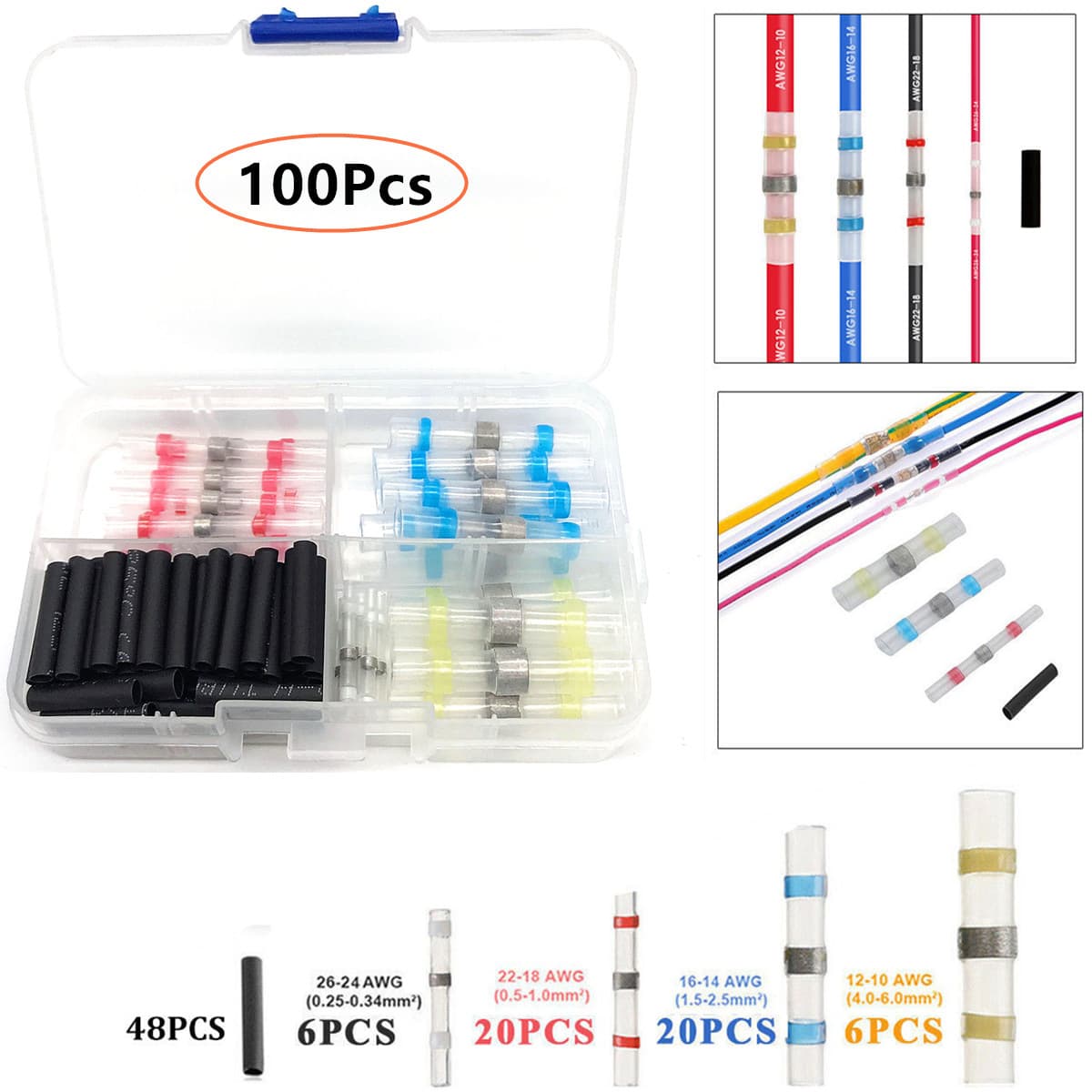 100PCS Waterproof Heat Shrink Solder Ring Heat Shrink Terminal Middle Tube Heat Shrink Tubing Solder Terminal Combo Set