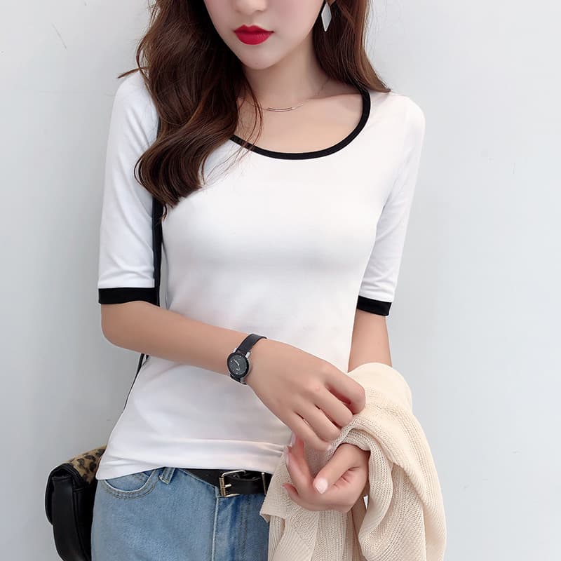 Round Neck Patchwork 3/4 Sleeve 2021 Autumn Women's T-Shirt Cotton Blend Top Korean Style Slim Fit 401P