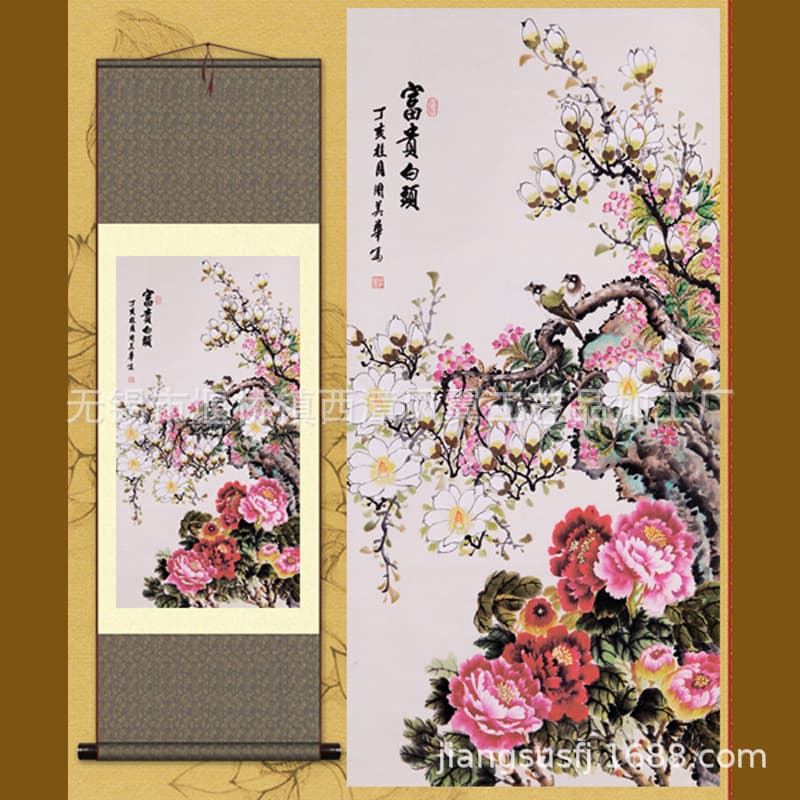 Living Room, Office Hanging Silk Scroll Painting: Peony, Wealth and Longevity S145