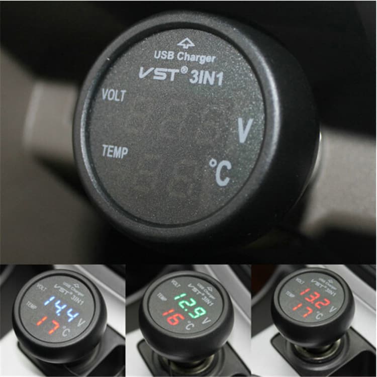 VST 3-in-1 Multifunctional Car Voltmeter, Thermometer, and USB Phone Charger Automotive Accessory