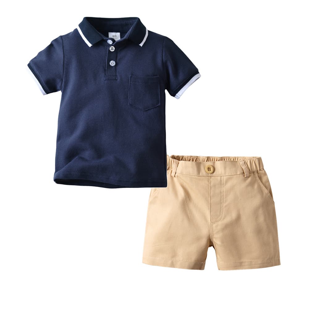 Cross-border Bestseller Boys Dark Blue Short Sleeve Polo Shirt Khaki Shorts Two-Piece Set Boys Summer Pique Short Sleeve