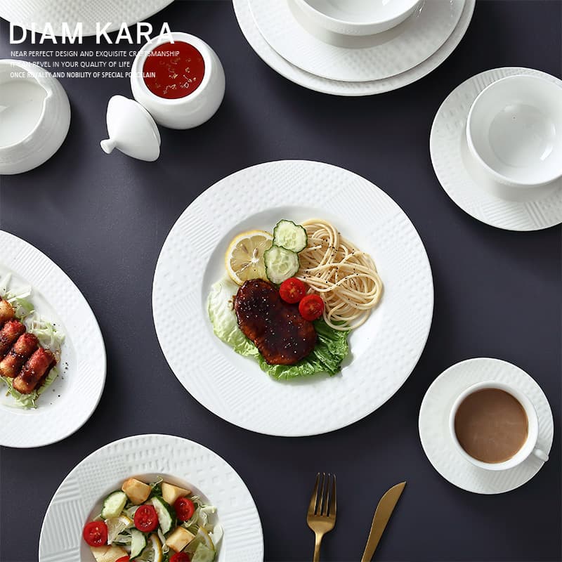 Pure white steak Western plate, hotel household ceramic soup plate bowl, Western restaurant creative embossed rice plate and fish plate