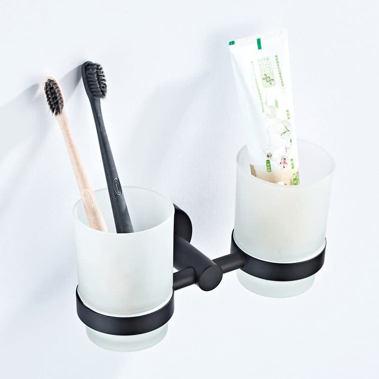 Wall-mounted Bathroom Hardware Accessories, Brass Double Cup Holder, Toothbrush Cup with Frosted Glass