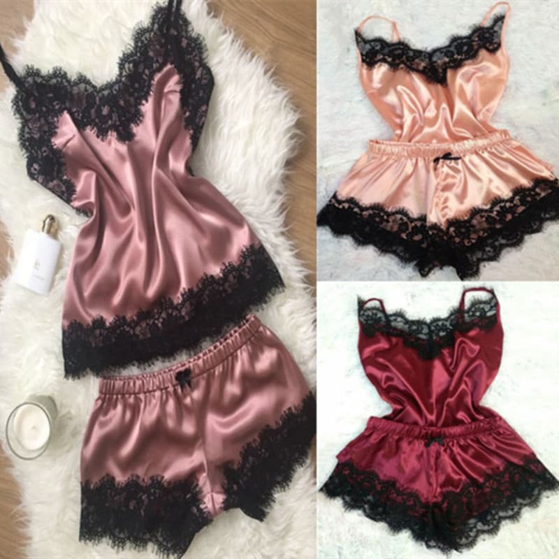 European and American Sexy Lingerie Amazon Satin Lace Sleepwear Robe Pajamas Two-Piece Set Dropshipping 1306