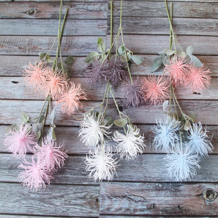 Wedding decorative flowers, 3-head flocked sea urchin, plastic flower decoration for backdrops, aisle markers, and wedding simulation flowers.
