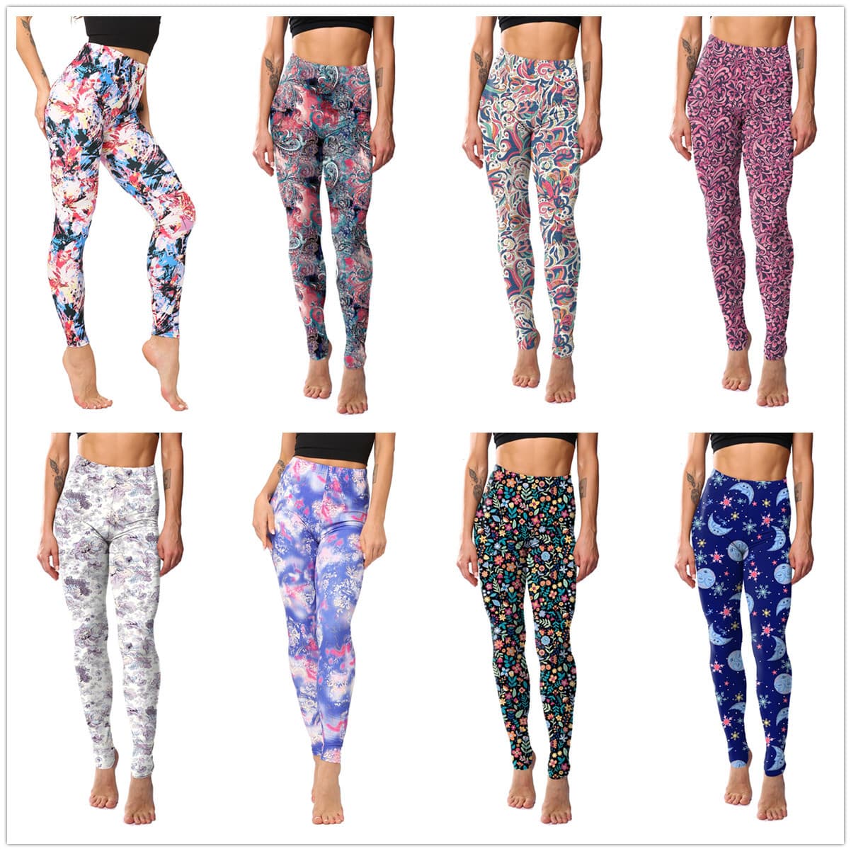 8234 European and American Powder Blue Paisley Print Leggings Capri Length Wholesale Printing Leggings
